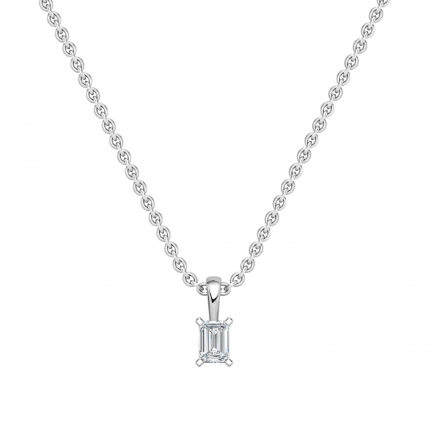 0.25 Cttw Emerald Cut Solitaire Lab Grown Diamond 4 Prong Pendant with 18 inch Silver Chain, 10K White Gold