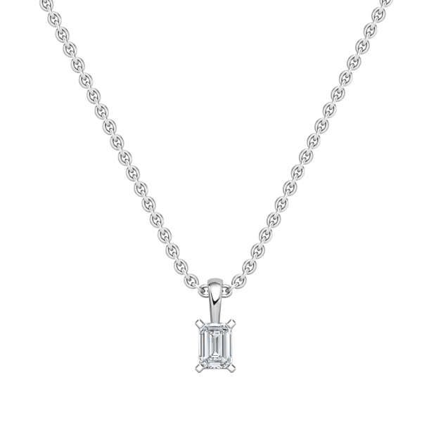 0.50 Cttw Emerald Cut Solitaire Lab Grown Diamond 4 Prong Pendant with 18 inch Silver Chain, 10K White Gold