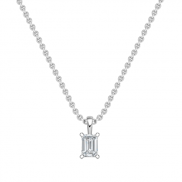 IGI Certified 1.50 Cttw Emerald Cut Solitaire Lab Grown Diamond 4 Prong Pendant with 18 inch Gold Chain, 14K White Gold