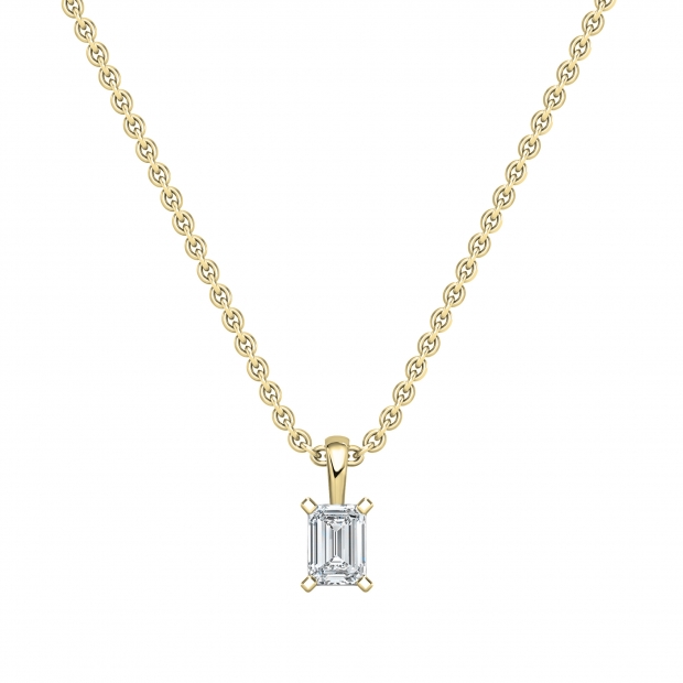 IGI Certified 1.00 Cttw Emerald Cut Solitaire Lab Grown Diamond 4 Prong Pendant with 18 inch Gold Chain, 14K Yellow Gold