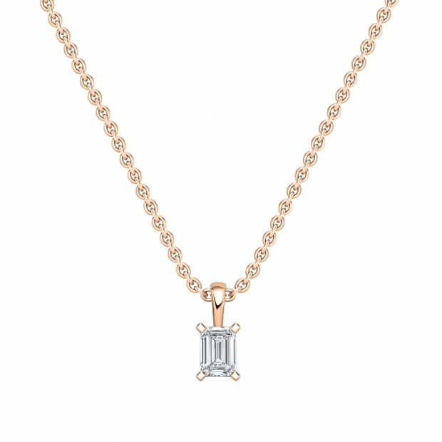 IGI Certified 0.75 Cttw Emerald Cut Solitaire Lab Grown Diamond 4 Prong Pendant with 18 inch Gold Chain, 18K Rose Gold