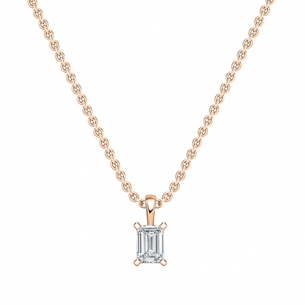 IGI Certified 1.50 Cttw Emerald Cut Solitaire Lab Grown Diamond 4 Prong Pendant with 18 inch Gold Chain, 18K Rose Gold