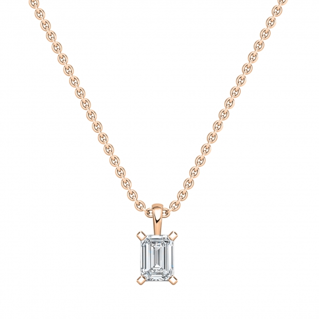 IGI Certified 3.00 Cttw Emerald Cut Solitaire Lab Grown Diamond 4 Prong Pendant with 18 inch Gold Chain, 18K Rose Gold