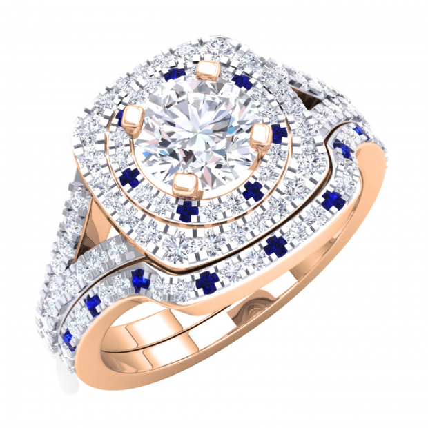 IGI CERTIFIED 6mm Round Lab Grown White Diamond & Created Blue Sapphire Double Halo Split Shank with Matching Band for Her in 18K Rose Gold