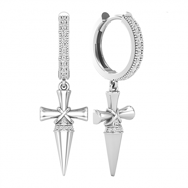 Round Cubic Zirconia Cross Dagger Unisex Hoop Earrings (0.48 ctw, Color White, Clarity Clean) in 925 Sterling Silver