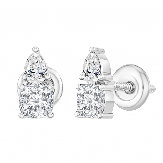 Cushion (0.35 Ct) & Pear (0.15 Ct) Cubic Zirconia 2 Stone Stud Earrings for Her in 925 Sterling Silver in Screw Back