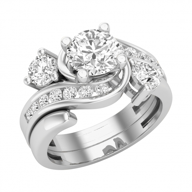 IGI Certified Swirl 3 Stone Wedding Ring Set for Her with 1.79 ctw, Round (1 ct Center & 0.79 ct Side) Cubic Zirconia in 925 Sterling Silver