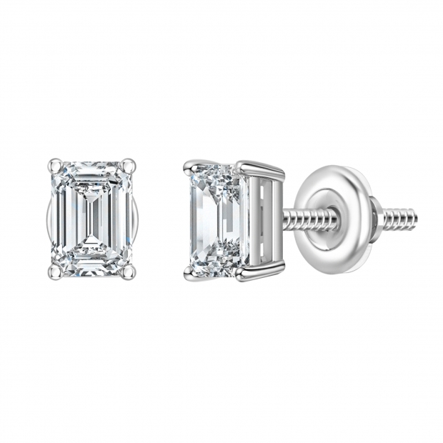 0.75 Ctw Emerald Cut Cubic Zironia Solitaire 4 Prong Stud Earrings, 925 Sterling Silver in Screw Back