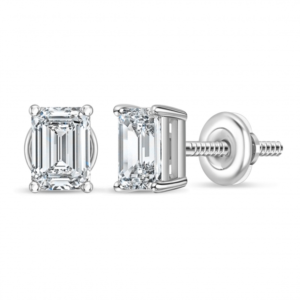 1.00 Ctw Emerald Cut Cubic Zironia Solitaire 4 Prong Stud Earrings, 925 Sterling Silver in Screw Back
