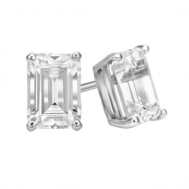 1.40 Ctw Emerald Cut Cubic Zironia Solitaire 4 Prong Stud Earrings, 925 Sterling Silver in Push Back
