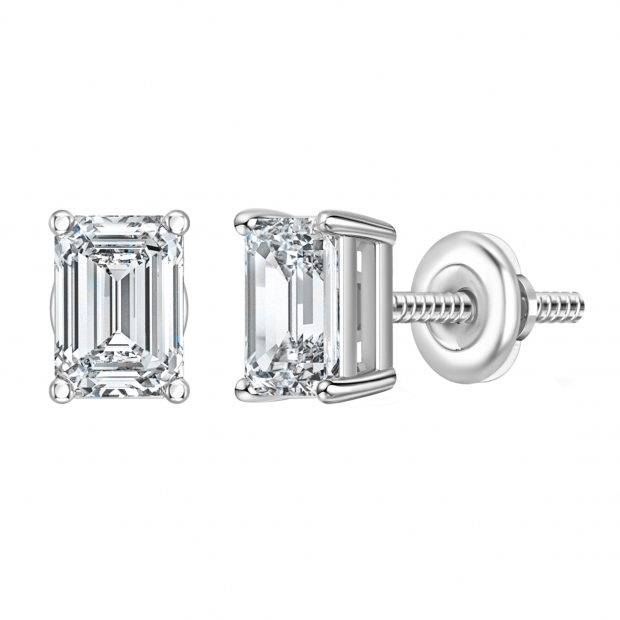 1.50 Ctw Emerald Cut Cubic Zironia Solitaire 4 Prong Stud Earrings, 925 Sterling Silver in Screw Back