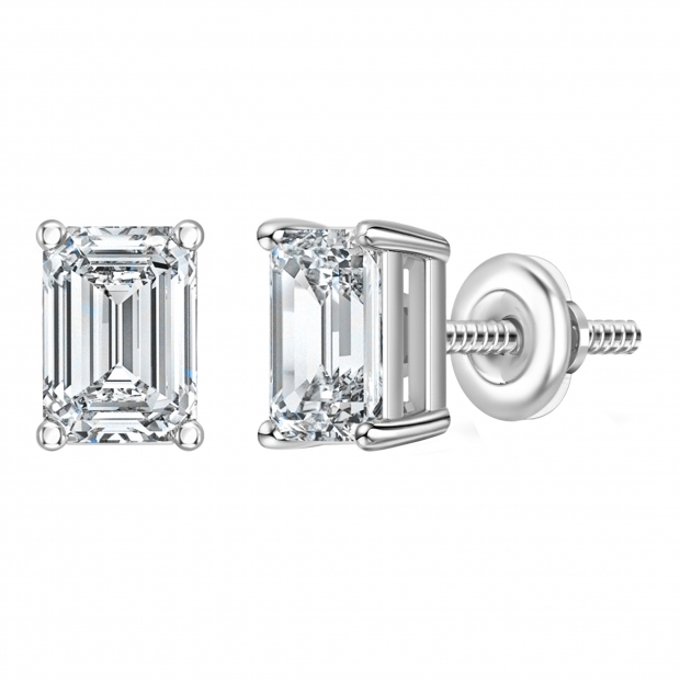 2.00 Ctw Emerald Cut Cubic Zironia Solitaire 4 Prong Stud Earrings, 925 Sterling Silver in Screw Back