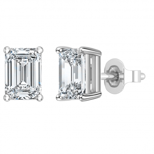 3.00 Ctw Emerald Cut Cubic Zironia Solitaire 4 Prong Stud Earrings, 925 Sterling Silver in Push Back