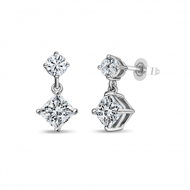 0.75 Ctw Princess & 0.18 Ctw Round Cubic Zirconia Minimalist Drop Earrings for Her in 925 Sterling Silver in Push Back