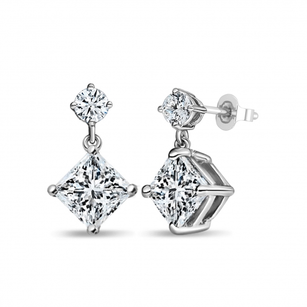 2.00 Ctw Princess & 0.18 Ctw Round Cubic Zirconia Minimalist Drop Earrings for Her in 925 Sterling Silver in Push Back