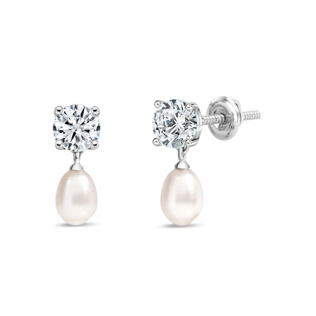 925 Sterling Silver Drop Earrings, 6x4mm Cultured Freshwater Pearl & 0.50 CT Round Cubic Zirconia in Screw Back