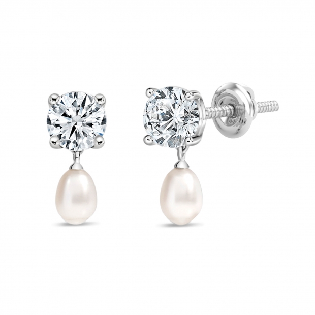 925 Sterling Silver Drop Earrings, 6x4mm Cultured Freshwater Pearl & 1.00 CT Round Cubic Zirconia in Screw Back