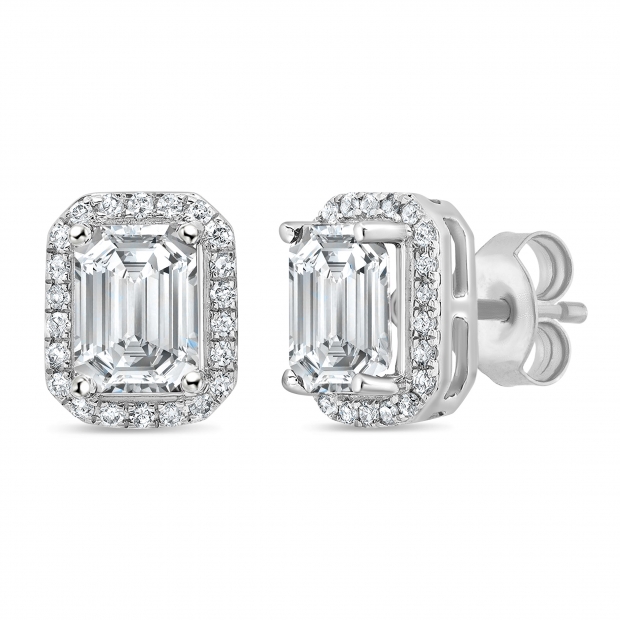 2.30 Cttw Emerald & Round Cubic Zirconia Halo Stud Earrings for Her ,925 Sterling Silver in Push Back