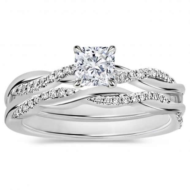 925 Sterling Silver Twisted Ring Set, 0.75 ctw Cushion & Round Cubic Zirconia