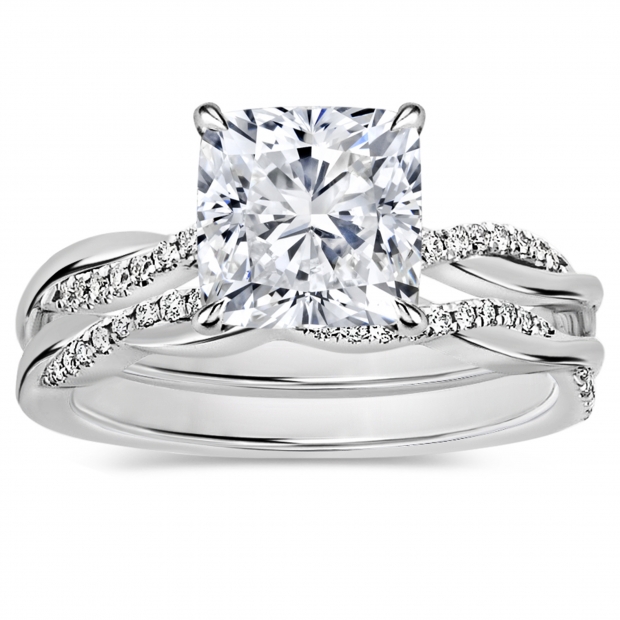 925 Sterling Silver Twisted Ring Set, 2.25 ctw Cushion & Round Cubic Zirconia