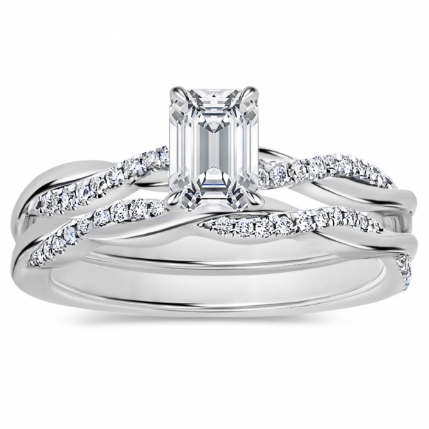 925 Sterling Silver Interwined Solitaire Ring Set, 0.75 Ctw Emerald & Round Cubic Zirconia
