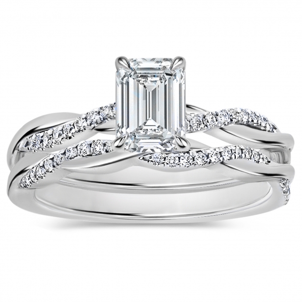 925 Sterling Silver Interwined Solitaire Ring Set, 1.00 Ctw Emerald & Round Cubic Zirconia