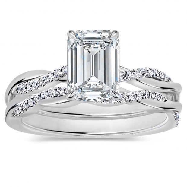 925 Sterling Silver Interwined Solitaire Ring Set, 1.75 Ctw Emerald & Round Cubic Zirconia