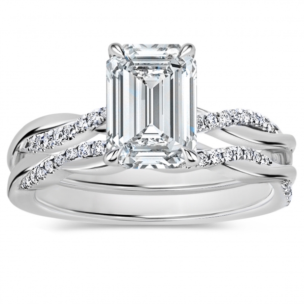 925 Sterling Silver Interwined Solitaire Ring Set, 2.25 Ctw Emerald & Round Cubic Zirconia