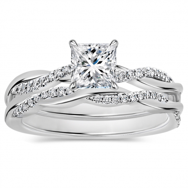 925 Sterling Silver Swirl Ring Set, 1.00 ctw Princess & Round Cubic Zirconia