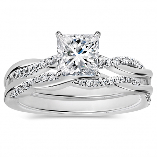 925 Sterling Silver Swirl Ring Set, 1.25 ctw Princess & Round Cubic Zirconia