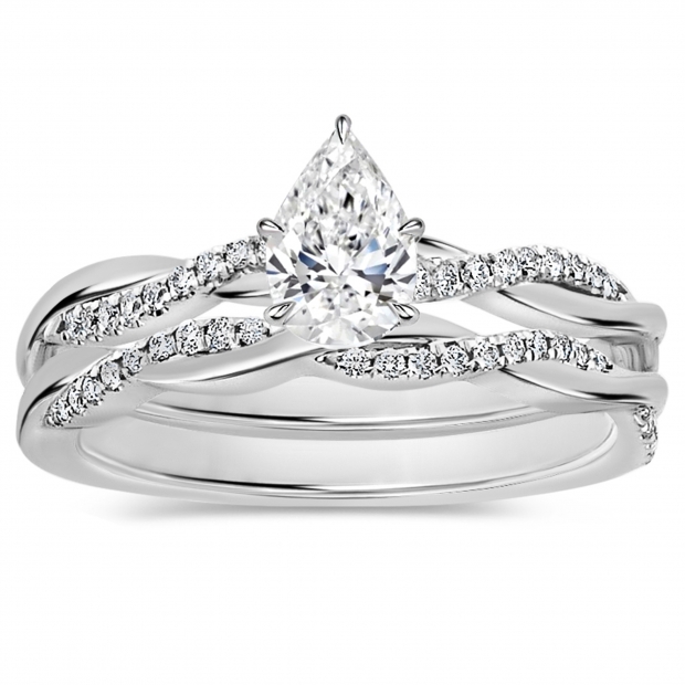 925 Sterling Silver Twisted Ring Set, 1.00 ctw Pear & Round Cubic Zirconia