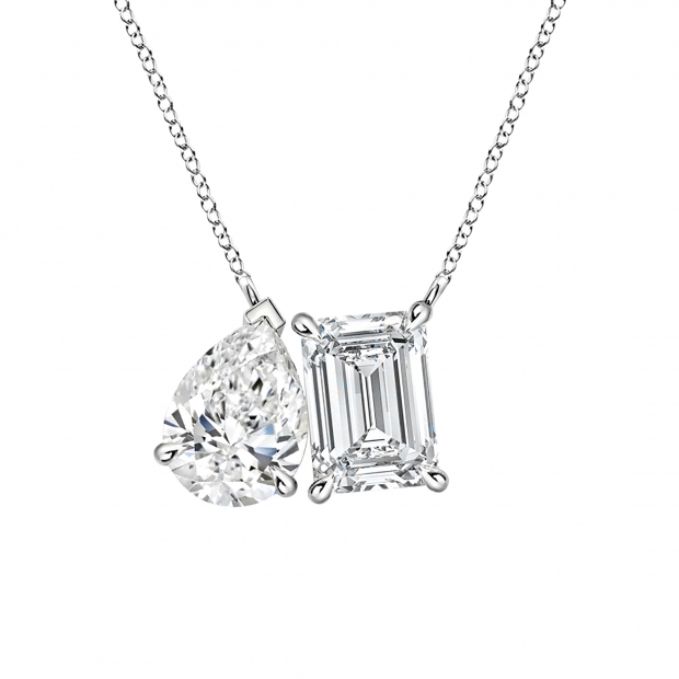 925 Sterling Silver Two Stone Pendant Necklace for Women with 18 inch Silver Chain 2.16 cttw, Emerald (1.20 ct) & Pear (0.96 ct) Cubic Zirconia