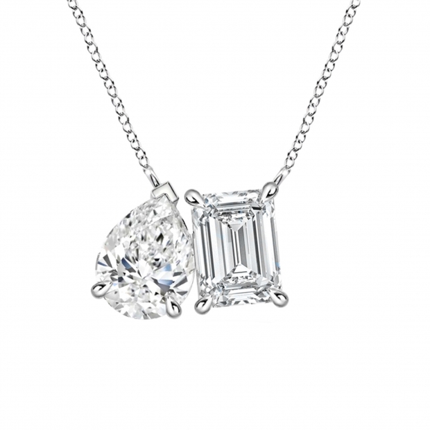 IGI Certified 925 Sterling Silver Two Stone Pendant Necklace for Women with 18 inch Silver Chain 2.85 cttw, Emerald (1.50 ct) & Pear (1.35 ct) Cubic Zirconia