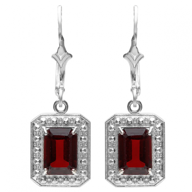 1.50 Carat (ctw) Real Emerald Cut Genuine Red Garnet 925 Sterling Silver Dangling Liver Hoop 7 x 4 mm Earrings