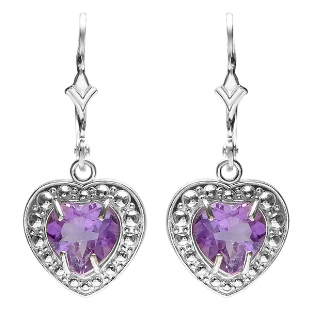 2.00 Carat (ctw) Real Heart Shape Genuine Purple Amethyst 925 Sterling Silver Dangling Hoop 7 x 6.5 MM Earrings