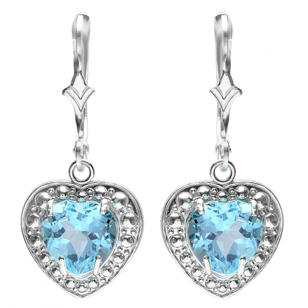 2.00 Carat (ctw) Real Heart Shape Genuine Blue Topaz 925 Sterling Silver Dangling Hoop 7 x 6.5 MM Earrings