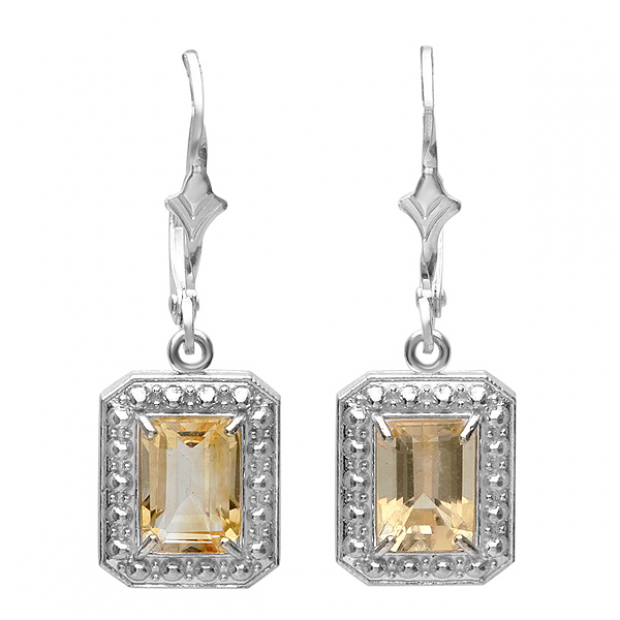 1.50 Carat (ctw) Real Emerald Cut Genuine Citrine 925 Sterling Silver Dangling Hoop Earrings(1.00 Inch length x 0.35 Inch Width)