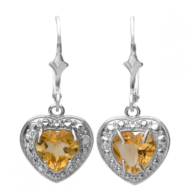 2.00 Carat (ctw) Real Heart Shape Genuine Yellow Citrine 925 Sterling Silver Dangling Hoop Earrings (1.00 Inch Length x 0.50 Inch Width)