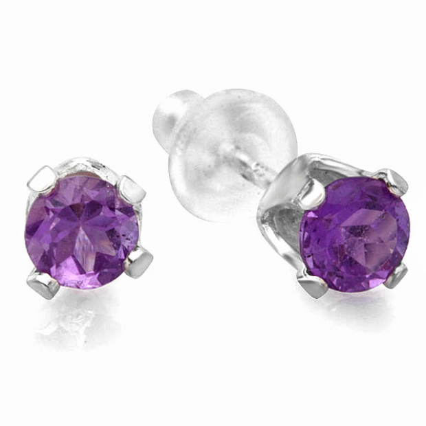 0.90 Carat (ctw) Sterling Silver Real Round Cut Natural Purple Amethyst Ladies Stud Earrings (4mm x 4mm)