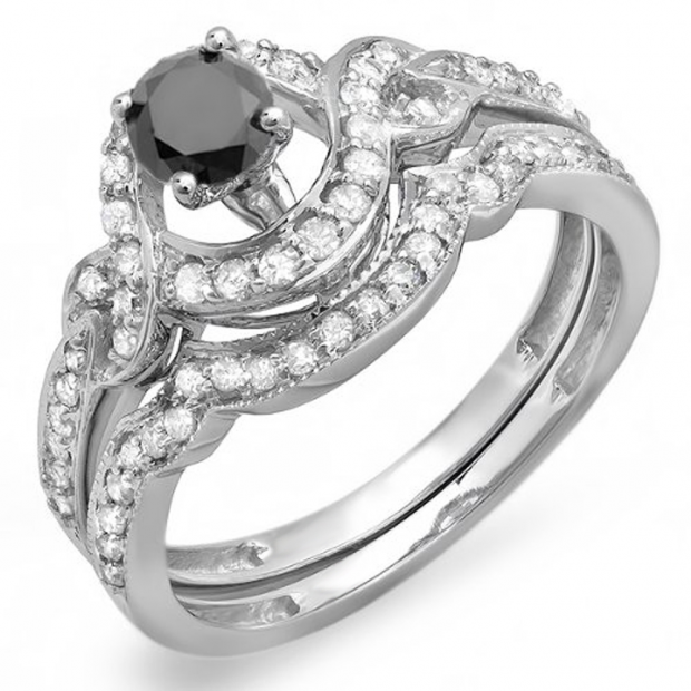 0.75 Carat (ctw) 14k White Gold Round Black And White Diamond Ladies Swirl Bridal Halo Engagement Ring Matching Band Set 3/4 CT