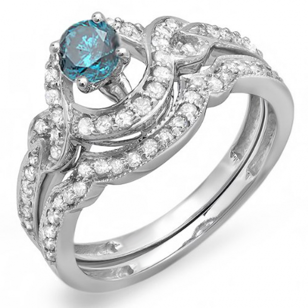 0.75 Carat (ctw) 10k White Gold Round Blue And White Diamond Ladies Swirl Bridal Halo Engagement Ring Matching Band Set 3/4 CT