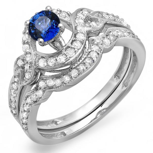 0.75 Carat (ctw) 18k White Gold Round Blue Sapphire And White Diamond Ladies Swirl Bridal Halo Engagement Ring Matching Band Set 3/4 CT