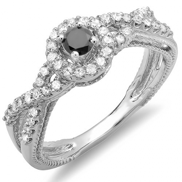 0.50 Carat (ctw) 14k White Gold Round Black And White Diamond Ladies Engagement Halo Style Swirl Split Shank Bridal Ring 1/2 CT