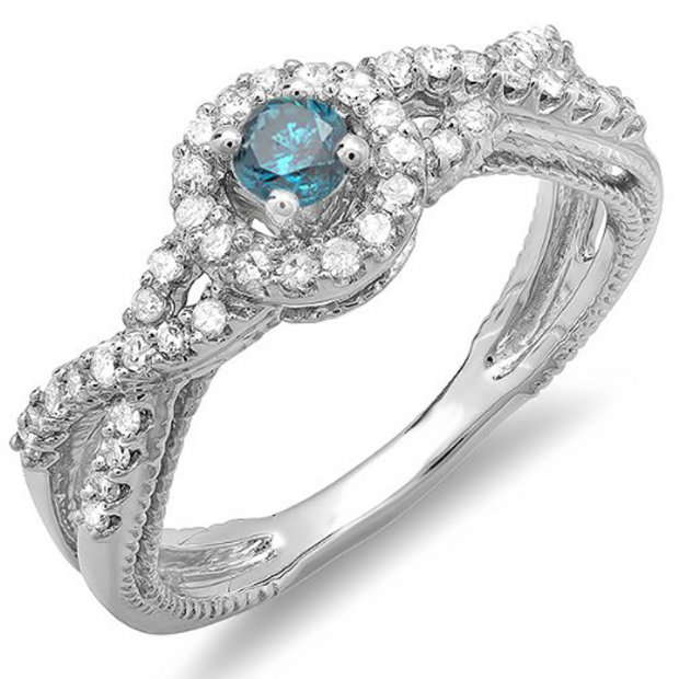 0.50 Carat (ctw) 14k White Gold Round Blue And White Diamond Ladies Engagement Halo Style Swirl Split Shank Bridal Ring 1/2 CT