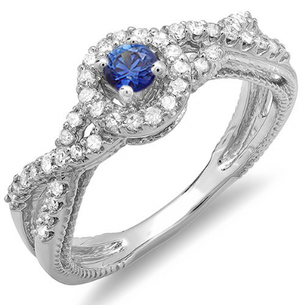 0.50 Carat (ctw) 14k White Gold Round Blue Sapphire And White Diamond Ladies Engagement Halo Style Swirl Split Shank Bridal Ring 1/2 CT