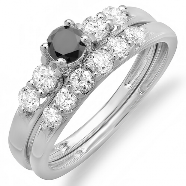 1.00 Carat (ctw) 14k White Gold Round Black And White Diamond Ladies Bridal 5 Stone Engagement Ring Matching Band Wedding Set