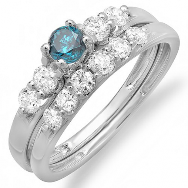 1.00 Carat (ctw) 18k White Gold Round Blue And White Diamond Ladies Bridal 5 Stone Engagement Ring Matching Band Wedding Set
