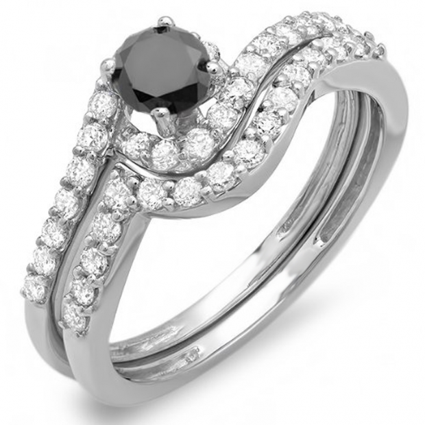 0.85 Carat (ctw) 14k White Gold Round Black And White Diamond Ladies Swirl Bridal Engagement Ring Matching Band Set