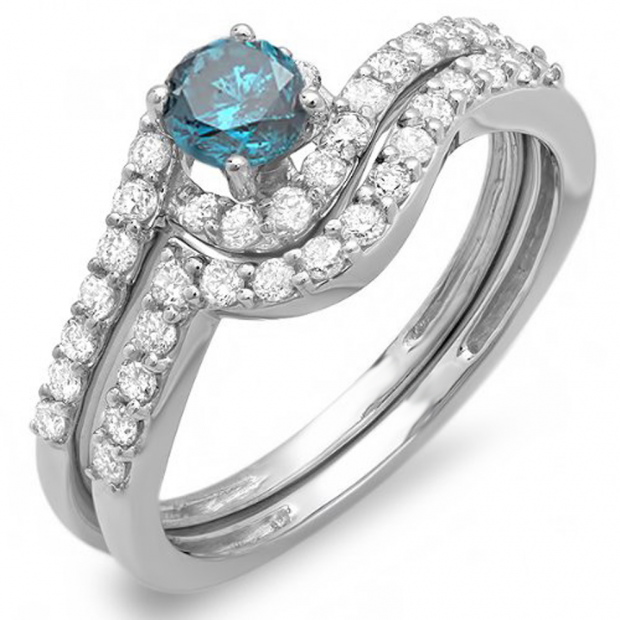 0.85 Carat (ctw) 10k White Gold Round Blue And White Diamond Ladies Swirl Bridal Engagement Ring Matching Band Set