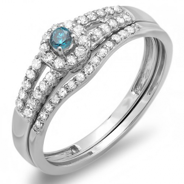 0.40 Carat (ctw) 10k White Gold Round Blue And White Diamond Ladies Split Shank Halo Style Bridal Engagement Ring Matching Band Set